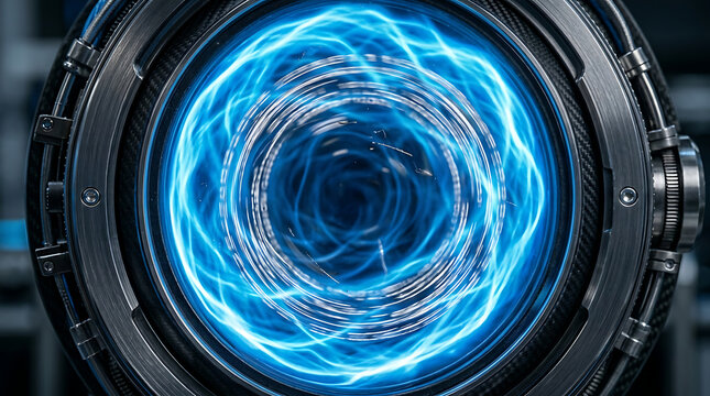 Blue energy vortex in a futuristic metallic portal or engine