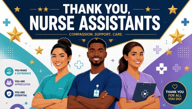 Group of Diverse Proud Nurse Assistants Celebrating National Career Nurse Assistants' Day - Modern Flat Vector Art