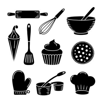 Black vector kitchen essentials in balanced modular grid with piping bag, oven mitt for menu layouts
