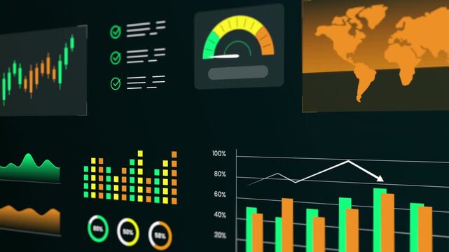 Full perspective digital tunnel tracking various corporate finance charts, global market maps, and KPI meters.