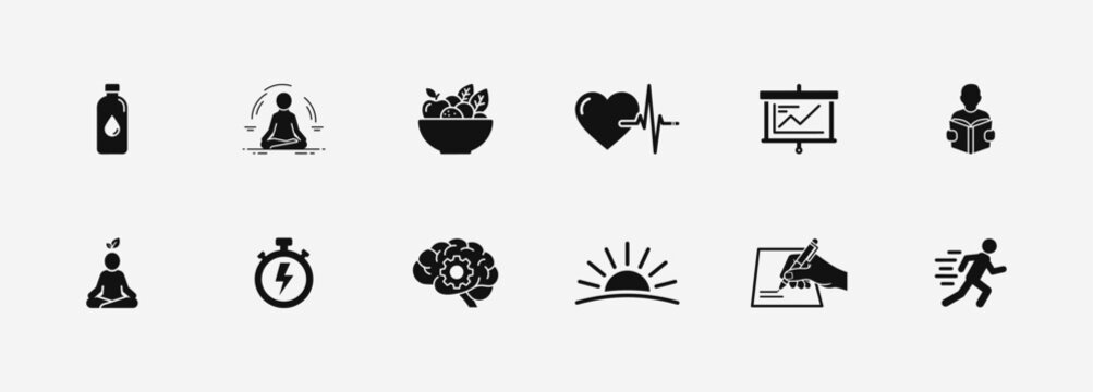 Wellness and productivity icons set featuring meditation brain power healthy food heart rate fitness and creative writing symbols professional black monochrome vector graphics for self care.