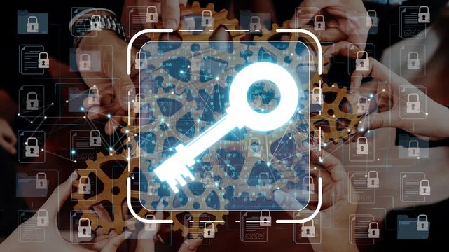 Concept of teamwork in digital security depicting hands working together with gears and a key symbolizing protection and collaboration against cyber threats Sigmoid