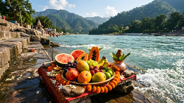 Ganga dussehra ritual offerings on the banks of a sacred river