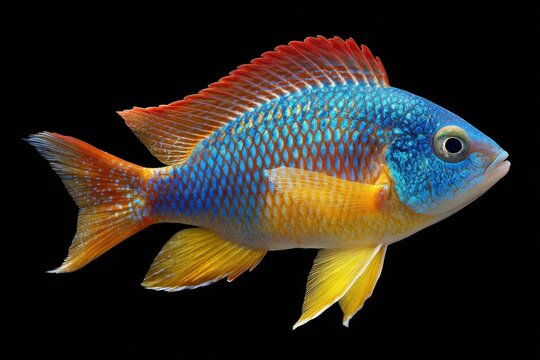 Vibrantly colored tropical fish with striking blue, orange, and yellow scales against a solid black background showcasing its detailed fins and vivid patterns