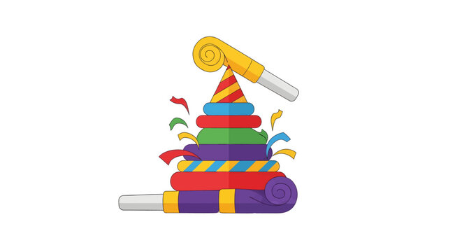 A vibrant stack of colorful party hats and blowers with confetti, symbolizing celebration and festive occasions.