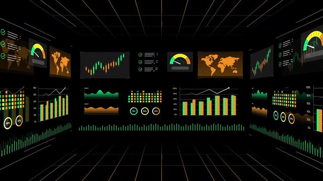 Full perspective 3D digital tunnel room tracking global market maps, corporate finance charts, and KPI meters.