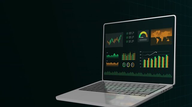 Perspective side view of laptop computer processing fintech trading market data and digital investment performance.