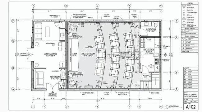 Architectural floor plan of a small theater or presentation room with seating and stage