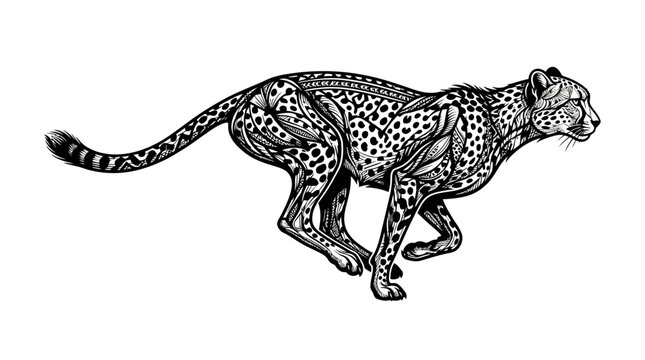Cheetah illustration with intricate zentangle style patterns on a white background
