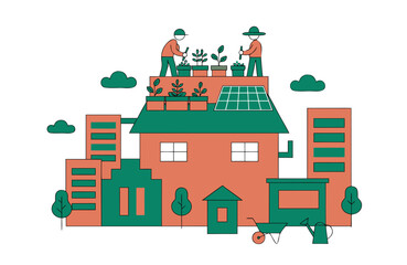 Fototapeta premium Urban gardeners tending rooftop plants on eco-friendly building with solar panels in cityscape