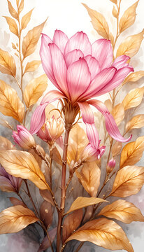 Delicate pink nerine with ribbon-like petals among amber leaves on light watercolor background