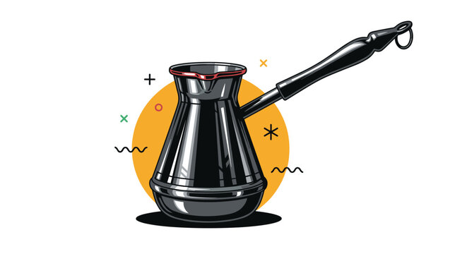 Traditional black turkish coffee pot or cezve stands against a bright orange circular background with playful graphic elements.