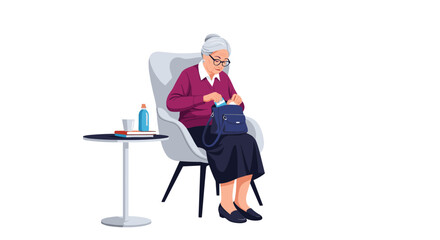 Fototapeta premium Senior woman with gray hair sits in a gray armchair while searching through her blue purse next to a small side table.