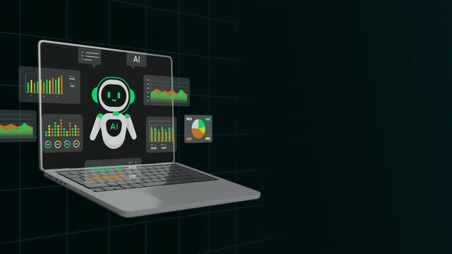 Open laptop computer showing glowing green artificial intelligence chatbot network and floating UI panels.