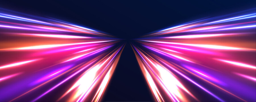 City night highway traffic is highlighted by neon motion lines, laser streaks. Futuristic gradient light line, energy trail speed, movement. Abstract technology on dark background, vector illustration