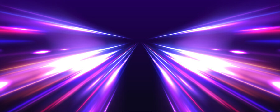 City night highway traffic is highlighted by neon motion lines, laser streaks. Futuristic gradient light line, energy trail speed, movement. Abstract technology on dark background, vector illustration