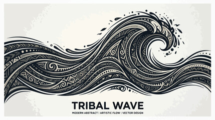 Fototapeta premium A modern abstract tribal wave design with black and white swirling patterns on a light gray background