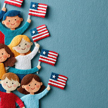 Felt craft illustration of happy children holding Liberian flags on a blue textured background with copy space