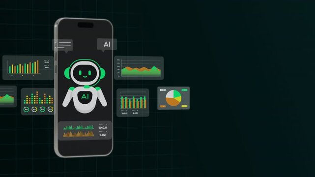 Mobile phone screen showing smart AI robot chatbot assistant application with colorful data charts and UI metrics.
