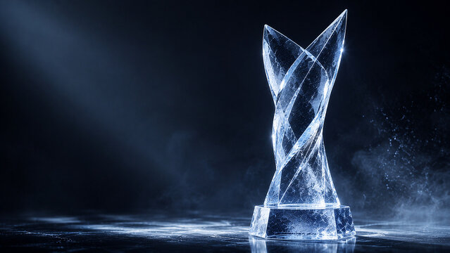 Crystal Ice Award Trophy Dark Background Smoke Fog Blue Light Dramatic Studio