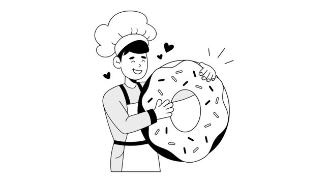 Happy male baker chef holding a giant donut with sprinkles, black and white illustration of a dessert maker.