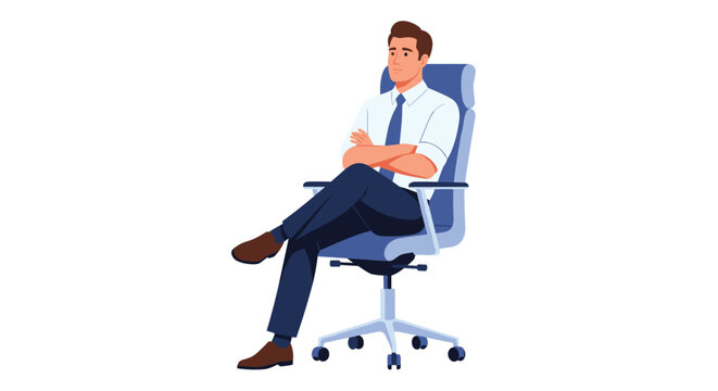Confident businessman in a white shirt and blue tie sits in a modern office chair with arms crossed thoughtfully in a professional pose.