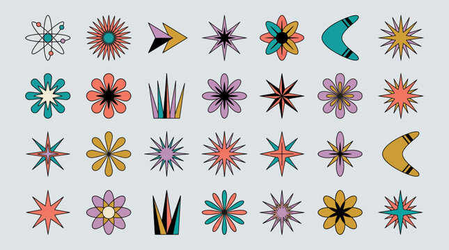 Collection of retro mid-century modern geometric shapes including stars, flowers, atoms and boomerangs in vintage colors, illustrating graphic design assets and representing branding items