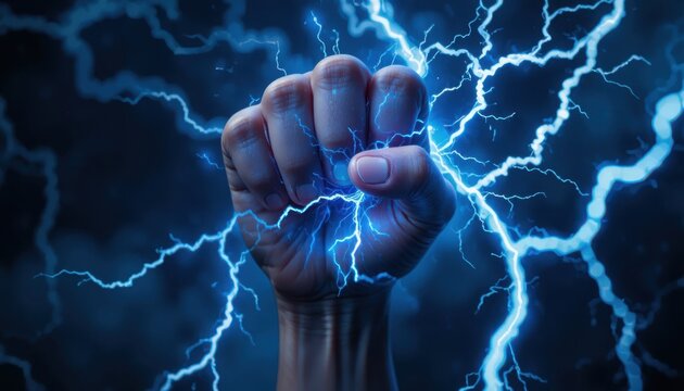 Dynamic lightning storm with a clenched fist symbolizing power and energy in a dark sky setting