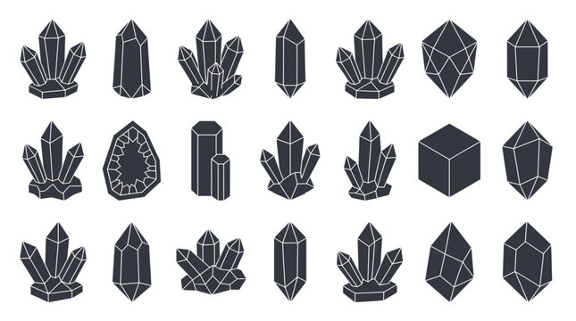 Collection of various dark crystal and gemstone icons with white geometric outlines on isolated white background, representing mineralogy education, symbolizing luxury jewelry branding design