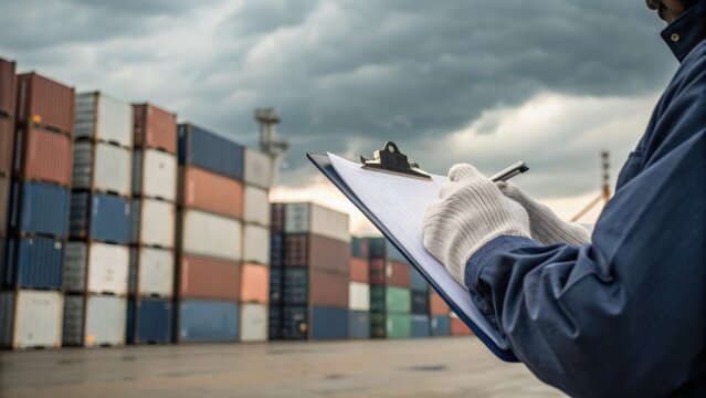 Worker with clipboard inspecting stacked cargo containers under cloudy sky at shipping yard