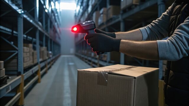 Warehouse worker scanning a cardboard box with a barcode scanner in a large storage facility aisle.