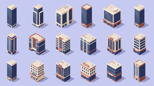 Collection of modern isometric skyscraper icons and office building architectural models isolated on purple background, Represents urban planning visualization and provides corporate assets