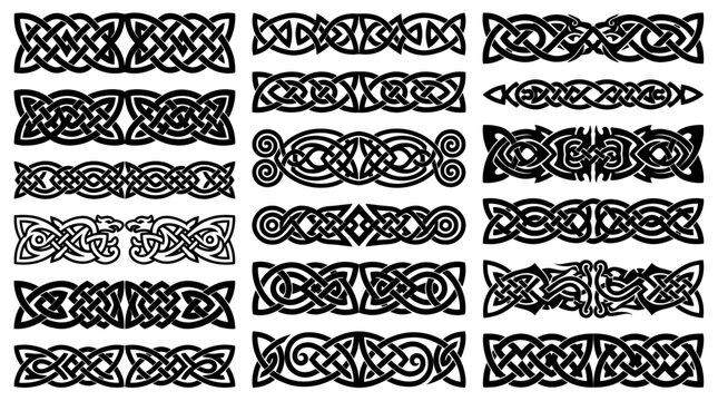 Collection of traditional black celtic knotwork borders and viking ornament dividers isolated on white background, symbolizing historical heritage and provides decorative graphic elements