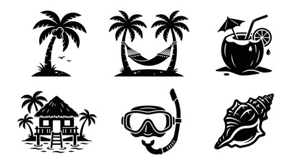 Obraz premium Silhouette vector icon set of tropical holiday elements, palm tree, hammock, coconut drink, island hut, snorkeling mask, seashell