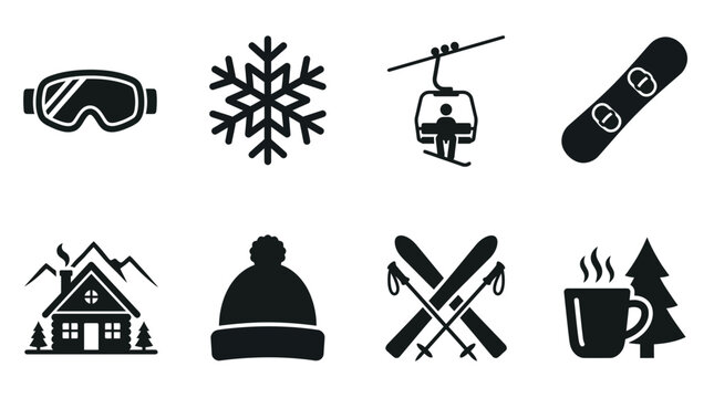 Silhouette vector icon collection featuring ski goggles, snowflake, ski lift, snowboard, mountain lodge, winter hat