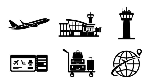 Silhouette vector icon set of air travel symbols, airplane, airport terminal, boarding pass, luggage trolley, control tower, travel route marker,