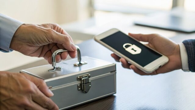 A person handing over a metal lockbox while another holds a smartphone displaying a digital lock symbol, representing secure data transfer or digital security.