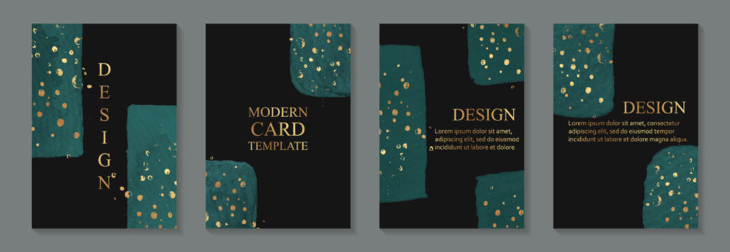 Modern abstract design with teal green watercolor stains and golden splashes on black background.Wedding invitations, greeting and business cards, rsvp templates.