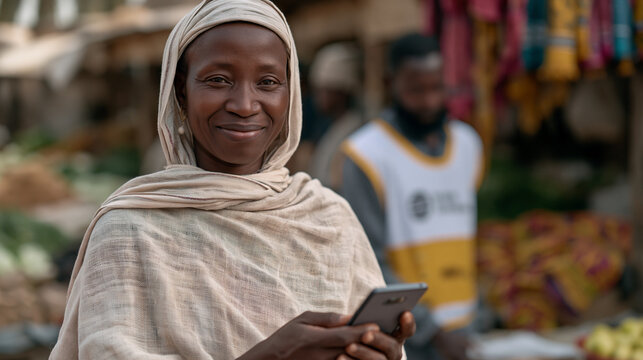 Unbanked street vendor receiving first mobile banking account activation confirmation in crowded morning marketplace, vibrant colorful market stalls of produce and textiles