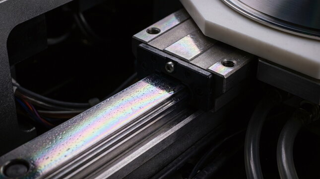 Close up of a lubricated precision linear guide rail showing iridescent oil film on automated machinery in semiconductor chip manufacturing