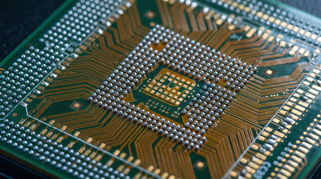 Macro detail of a ball grid array with solder bumps and copper traces on the underside of a semiconductor microchip