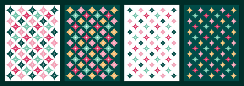 Elegant Christmas Backgrounds with geometric Stars Pattern. Luxury Festive Background Set for Xmas Greeting Card, Wallpaper, Cover, Invitation. Green Red Pink and Gold Stars Christmas Backgrounds. 