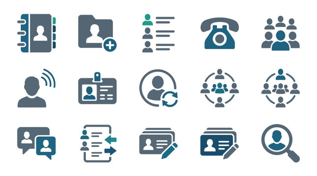 Contact Icons Set: Address Book, Folder, List, Phone, Team, User, ID Card, Refresh, Network, People