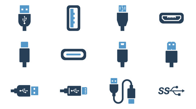 USB Connector Icons Set: USB-A, USB-C, Micro USB, Mini USB Ports