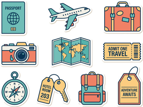 Set of travel adventure vacation stickers including passport airplane suitcase map camera ticket compass hotel key backpack with vacation stickers adventure passport airplane suitcase backpack