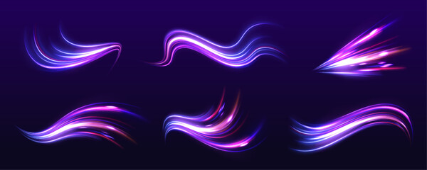 City road and highway traffic. Neon laser speed motion lines on dark background. Purple, blue light wave builds futuristic energy trail with strong motion effect. Vector illustration. © ikril