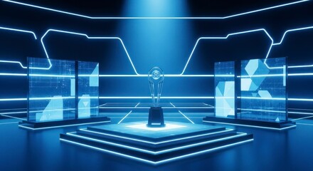 Fototapeta premium Digital Arena of Champions: Trophy on a Glowing Pedestal with Neon Circuitry