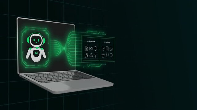 Open laptop computer showing glowing green AI chatbot robot and floating creation application user interface panels.