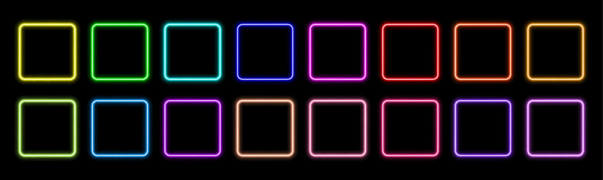 Set of colorful neon square frame with gradient glow and electric LED effect. Sharp corners, bright borders and luminous line. Futuristic light box. Vector illustration. 