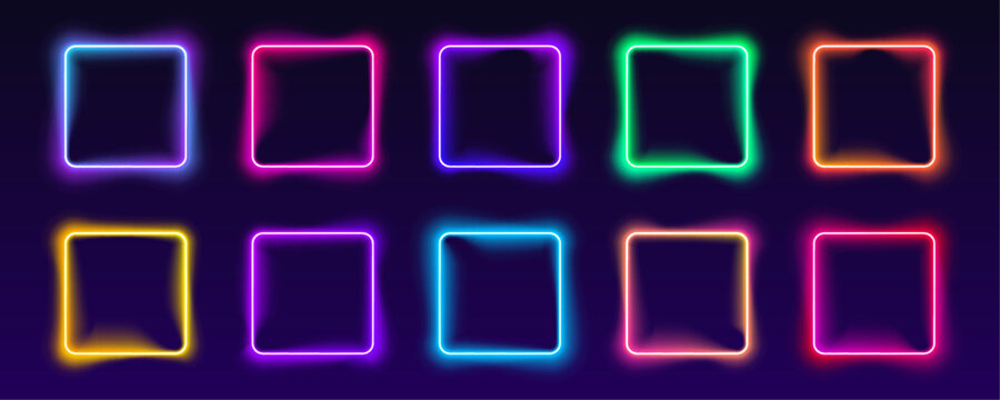Set of colorful neon square frame with gradient glow and electric LED effect. Sharp corners, bright borders and luminous line. Futuristic light box. Vector illustration. 